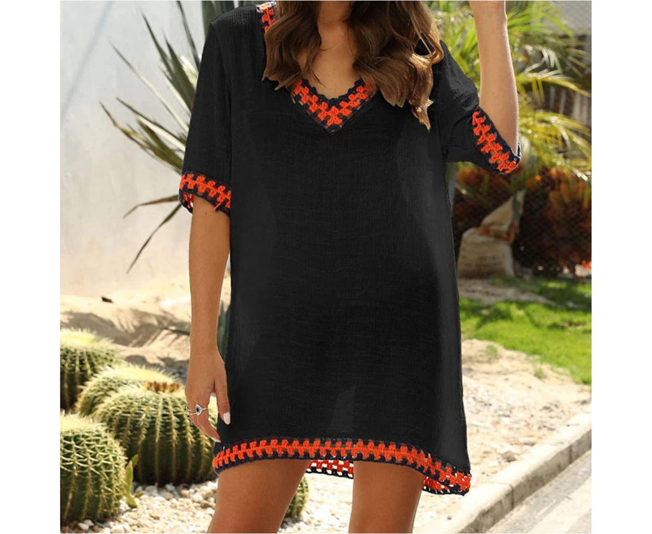 Women's Ethnic-Inspired Summer Beach Cover-Up Blouse in Black - Size L