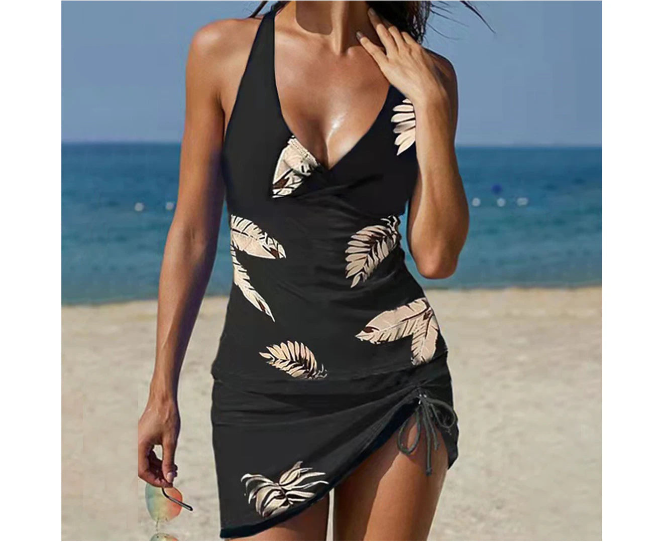 Chic Women's Black Tankini Set - Padded Swim Dress & Bikini Bottoms for Stylish Summer Fun!