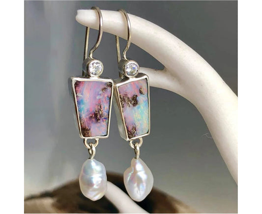 "Elegant White Gold Drop Earrings with Colorful Faux Stones & Pearls - Sparkling Rhinestone Hook Design for Everyday Glamour!"