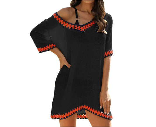 Women's Ethnic-Inspired Summer Beach Cover-Up Blouse in Black - Size L