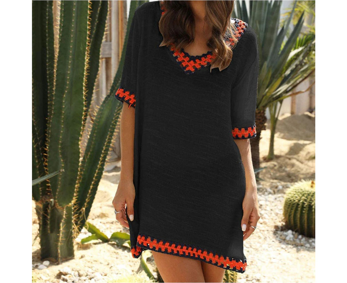 Women's Ethnic-Inspired Summer Beach Cover-Up Blouse in Black - Size L