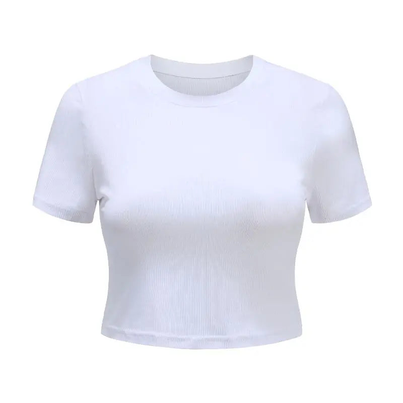 "Women's O-Neck Knit White Crop Top - Casual Summer T-Shirt with Ribbed Short Sleeves"