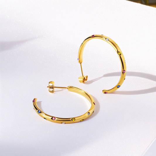 Half Round Hoop Earrings-Hammer set Gems mixed with Diamonds - GoodiesRus